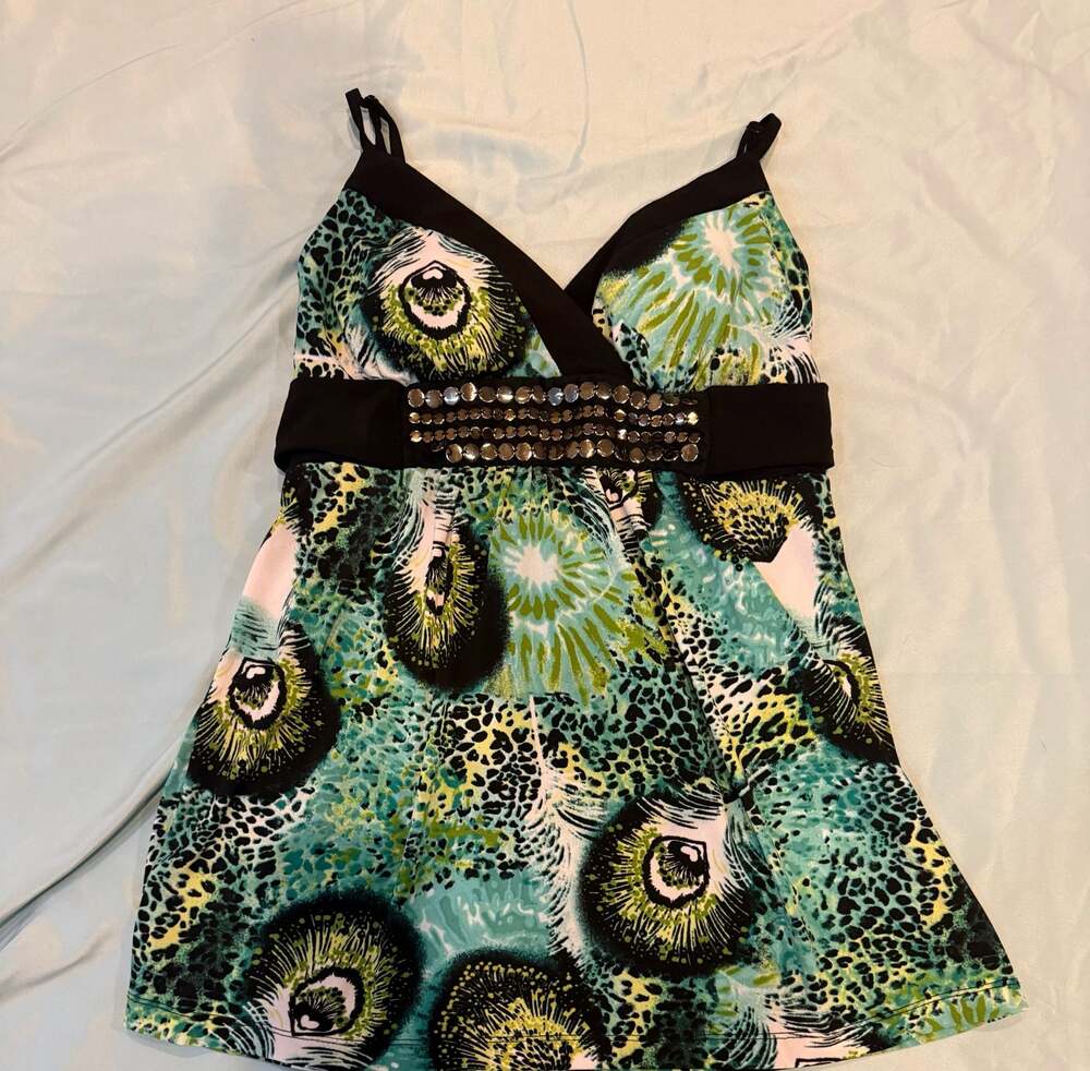 New Directions Peacock Leopard Print Studded Empire Waist Retro Whimsical Size M